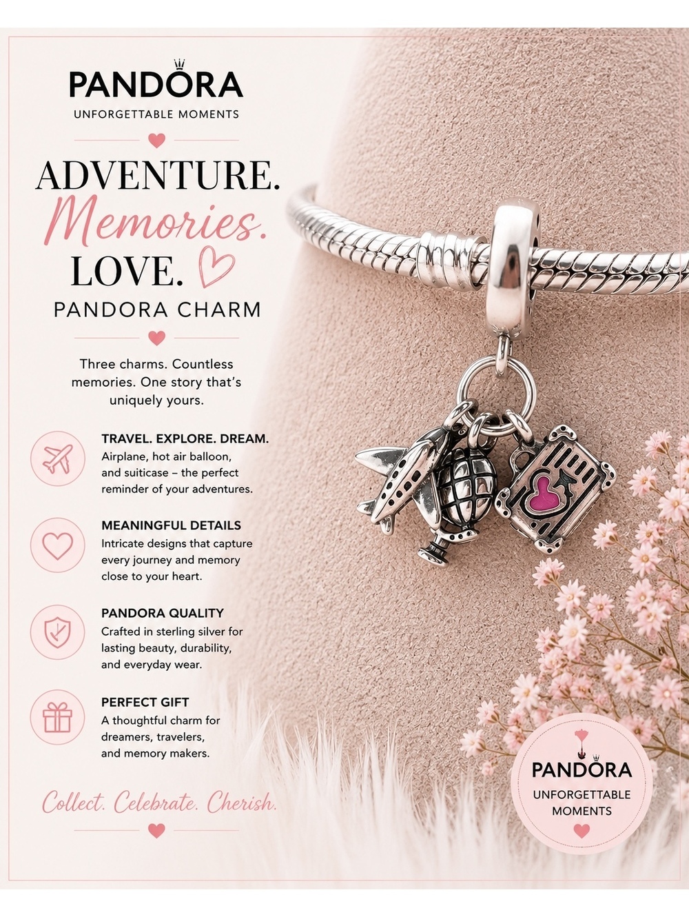 Pandora Unforgettable Moments Travel Charm Bracelet Silver